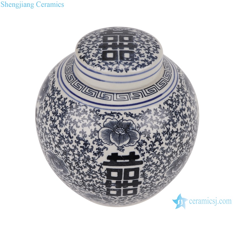RXAF07-A Happiness Letters Twisted flower Pattern Blue and White Porcelain Tea Canister Pot