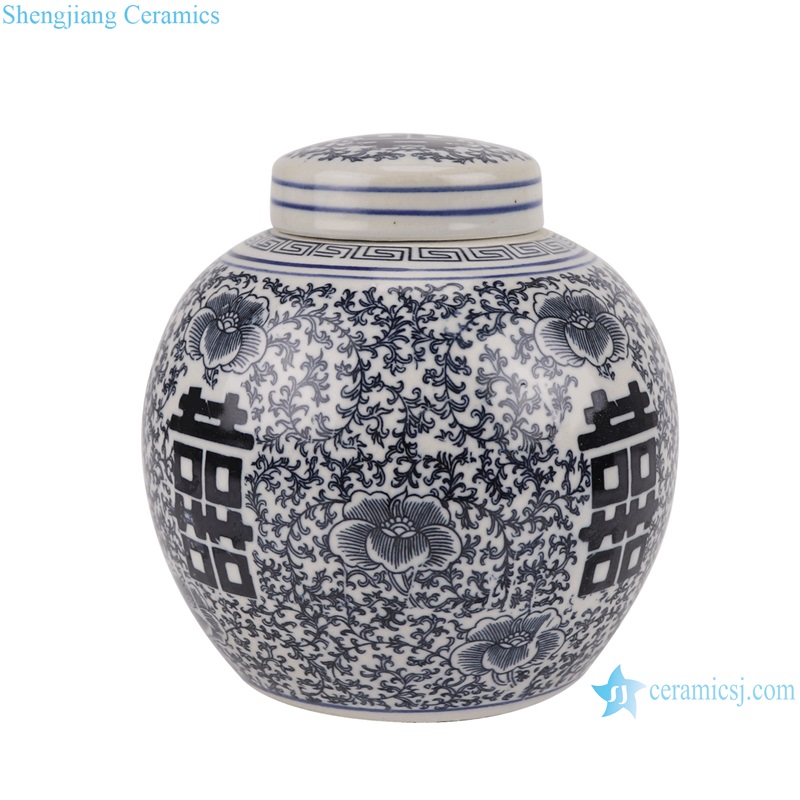 RXAF07-A Happiness Letters Twisted flower Pattern Blue and White Porcelain Tea Canister Pot