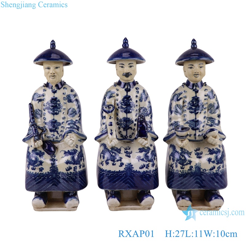 Chinese Dynasty 3 Sitting emperors blue and white Porcelain statue