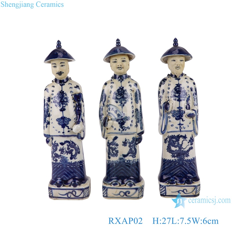 Chinese Qing Dynasty Standing emperors blue and white Porcelain figures statue