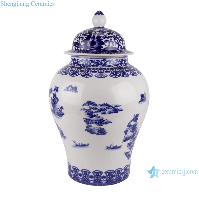 RXAQ01-A-B Blue and White landscape and Lotus twisted flowers pattern Ceramic Lidded Ginger jars