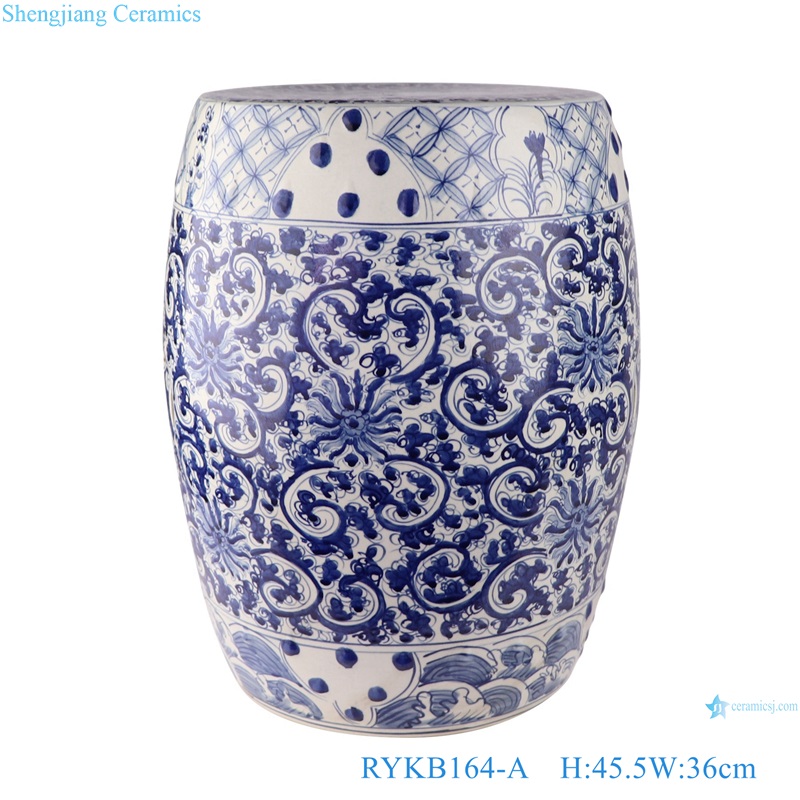 Blue and White Porcelain Home Garden Drum Stool Ceramic Seat Twisted flower Pattern 