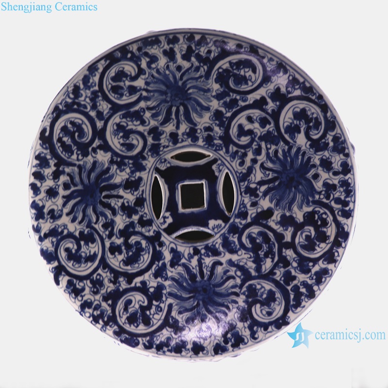 RYKB164-A Blue and White Porcelain Home Garden Drum Stool Ceramic Seat Twisted flower Pattern