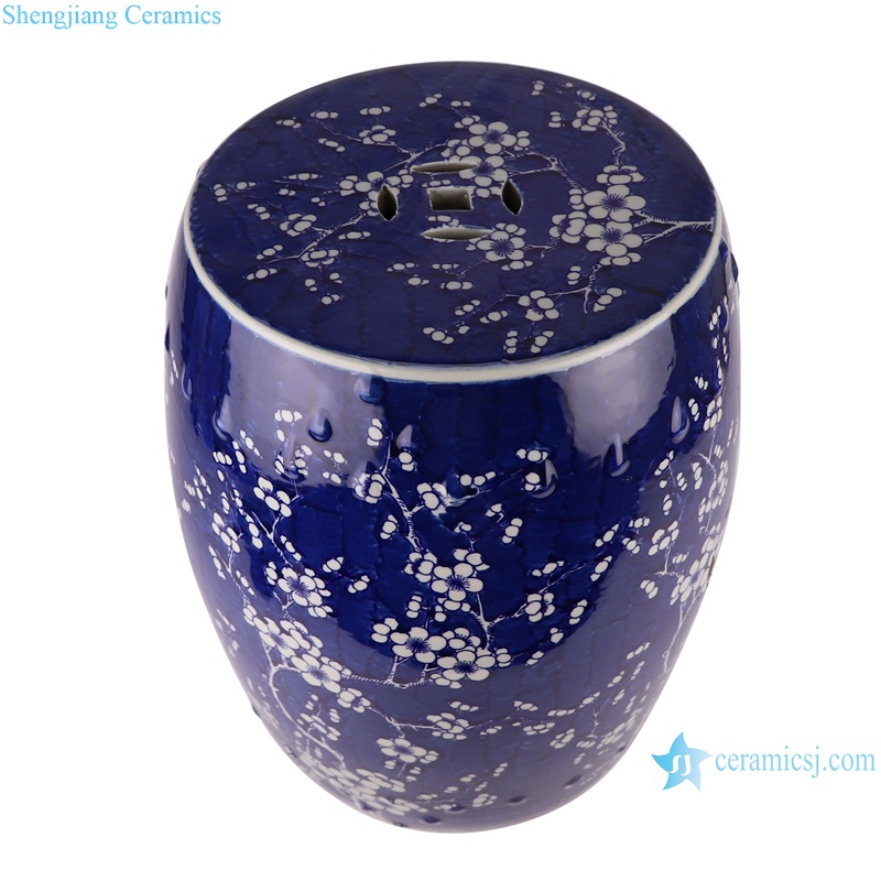 RYKB164-B Dark Blue Glazed Ice Plum Blossom Porcelain Home Drum Stool Ceramic Seat