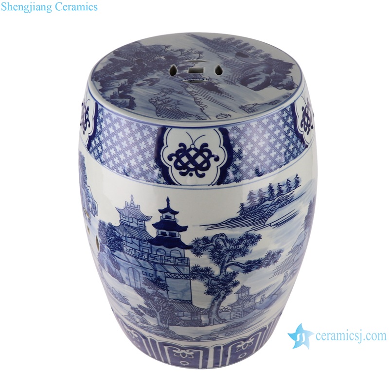 RYKB164-C Porcelain Blue and White Jingdezhen Landscape pattern Ceramic Garden Drum Stool Cool piers