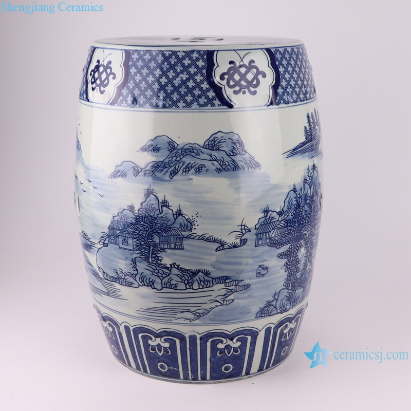 RYKB164-C Porcelain Blue and White Jingdezhen Landscape pattern Ceramic Garden Drum Stool Cool piers