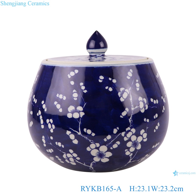 Blue and white Porcelain Dark Blue Glazed Ice Plum Happiness Letters Flat belly Ceramic Tea Jars 