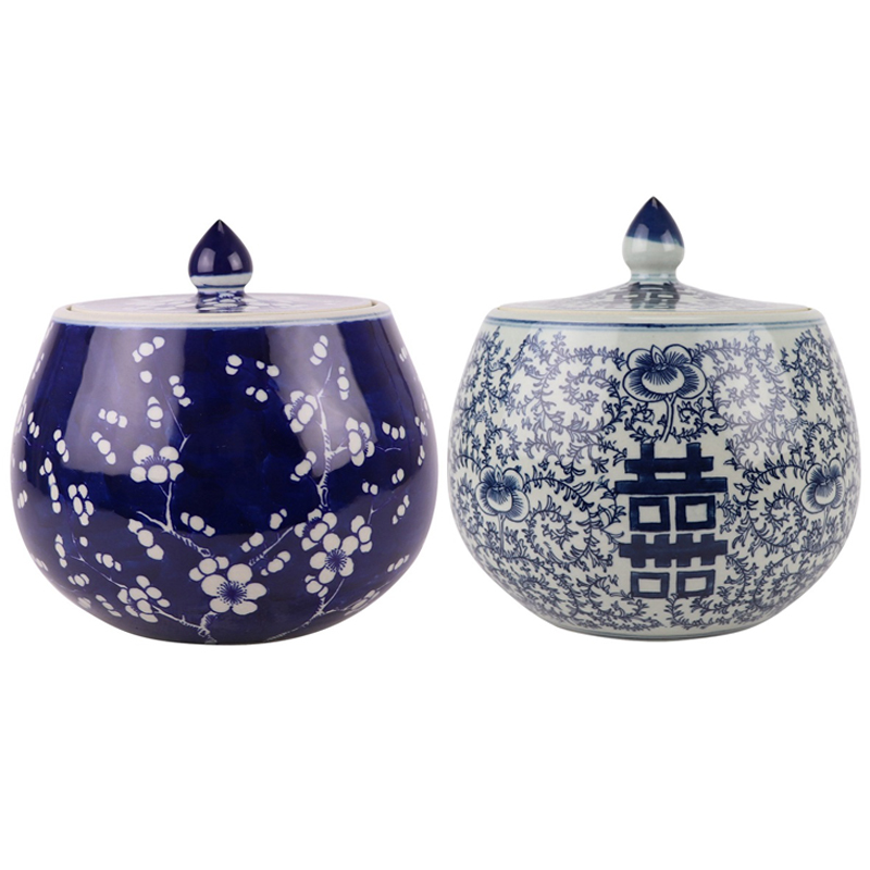 RYKB165-A-B Blue and white Porcelain Dark Blue Glazed Ice Plum Happiness Letters Flat belly Ceramic Tea Jars
