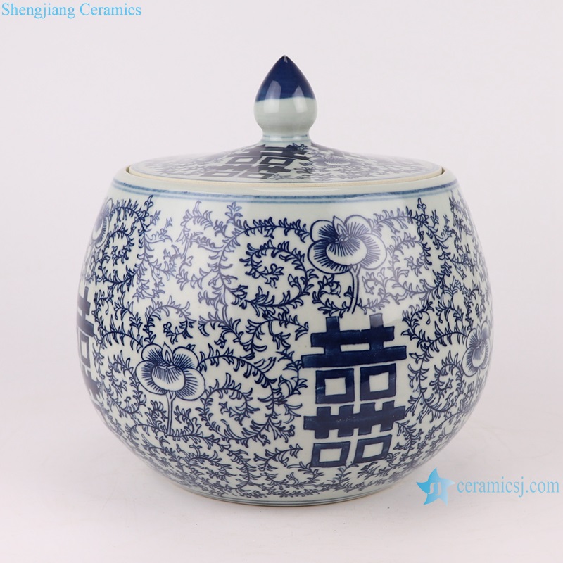 RYKB165-A-B Blue and white Porcelain Dark Blue Glazed Ice Plum Happiness Letters Flat belly Ceramic Tea Jars