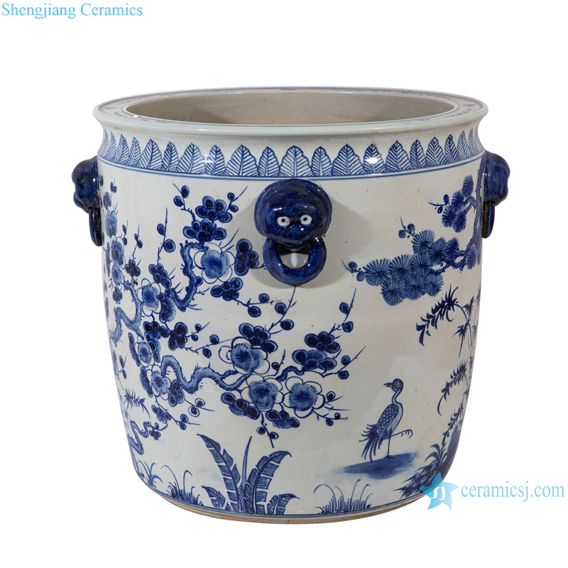 RZFH02-F Blue and White Porcelain Pine and bamboo Design with lion head Ceramic Big Pot