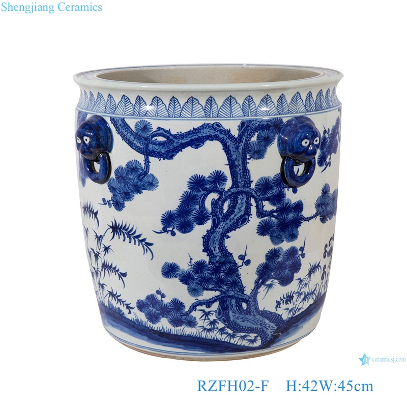 RZFH02-F Blue and White Porcelain Pine and bamboo Design with lion head Ceramic Big Pot
