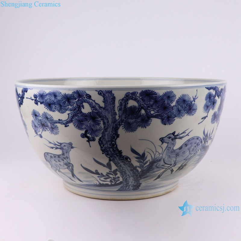 RZFH07-E-F Two designs Blue and White Porcelain Pine and Bamboo Pattern Plum Reindeer Ceramic Big Bowl Pot