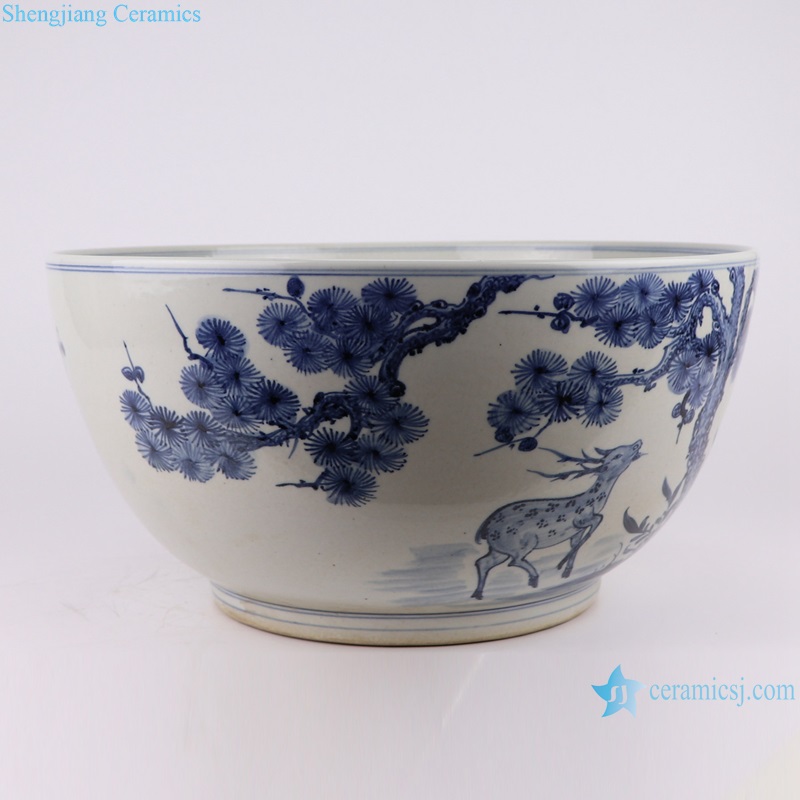 RZFH07-E-F two designs Blue and White Porcelain Pine and Bamboo Pattern Plum Reindeer Ceramic Big Bowl Pot
