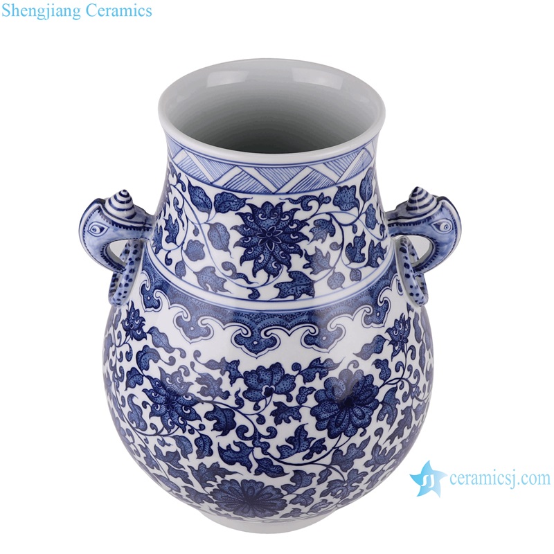 Blue and White Porcelain Tabletop Vase with ears Twisted Flower Pattern Blessing bucket shape 
