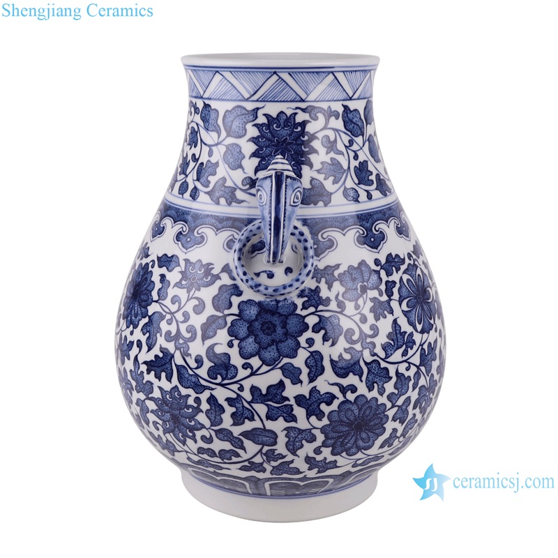 RZFQ35 Blue and White Porcelain Tabletop Vase with ears Twisted Flower Pattern Blessing bucket shape