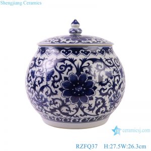 RZFQ37 Twisted Flower Pattern Blue and white porcelain Belly shape Flat Lidded Jars