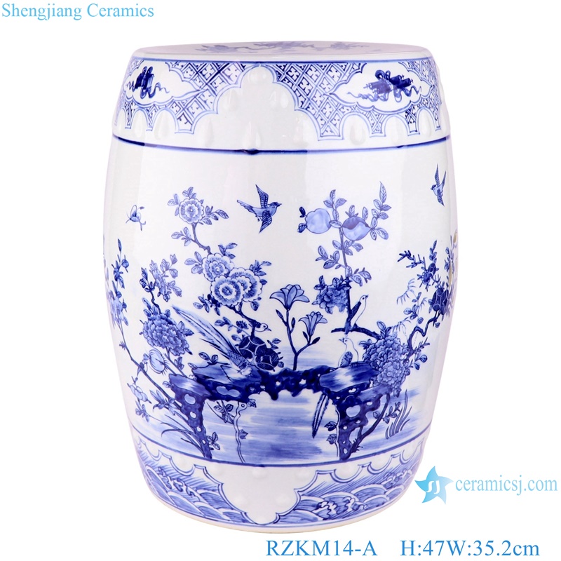 Blue and White Jingdezhen Hand painted Porcelain Bird and flower Ceramic Drum Stool