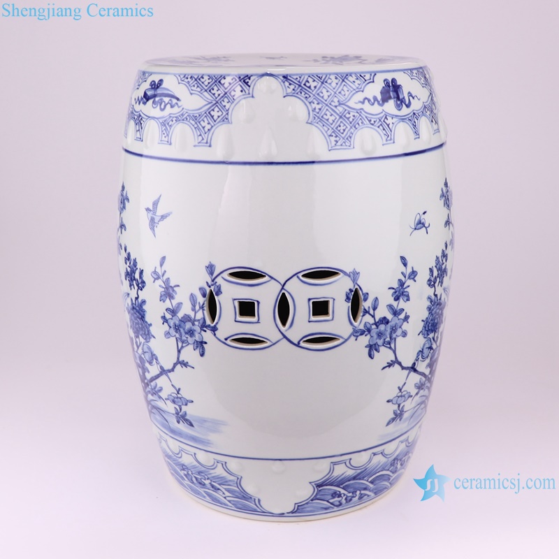 RZKM14-A Blue and White Jingdezhen Hand painted Porcelain Bird and flower Ceramic Drum Stool