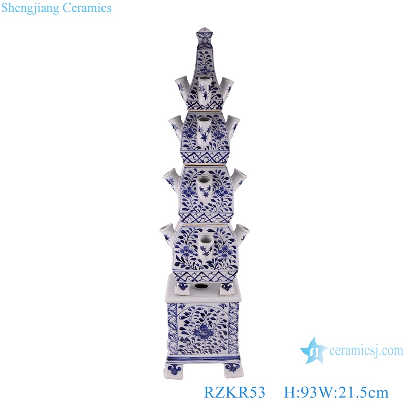 Ancient Blue and white Porcelain Five Layer Pagoda Twisted flower Pattern