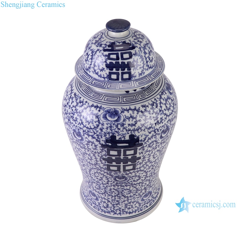 RZKT43 Happiness Letters Twisted flower Pattern Blue and White Porcelain Round shape Temple Lidded Jars