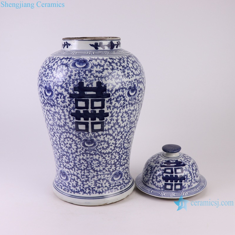 RZKT43 Happiness Letters Twisted flower Pattern Blue and White Porcelain Round shape Temple Lidded Jars