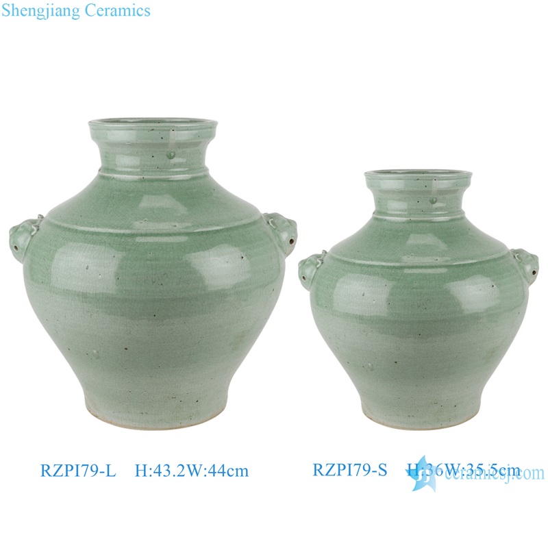 Antique Green glazed ceramic storage pot Urn Round shape vase Deco with lion head