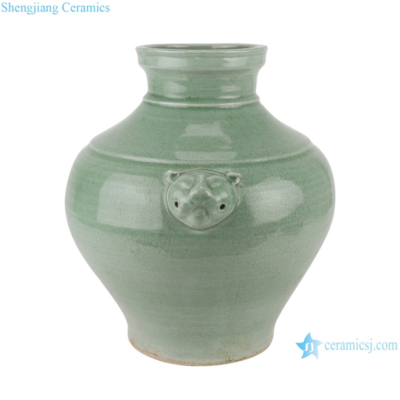 RZPI79-L-S Antique Green glazed ceramic storage pot Urn Round shape vase Deco with lion head