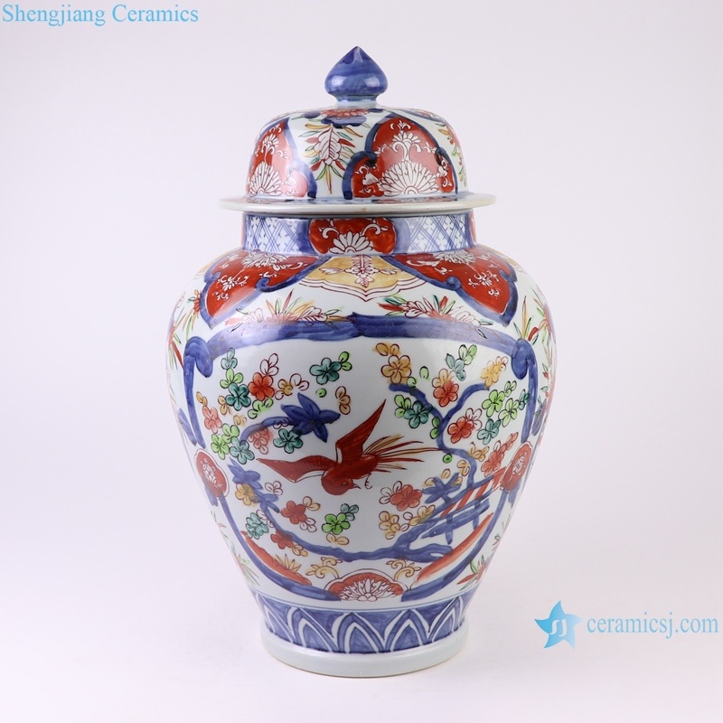 RZQF10 Jingdezhen hand painted Blue and white doucai alum red windowed flower bird general jar