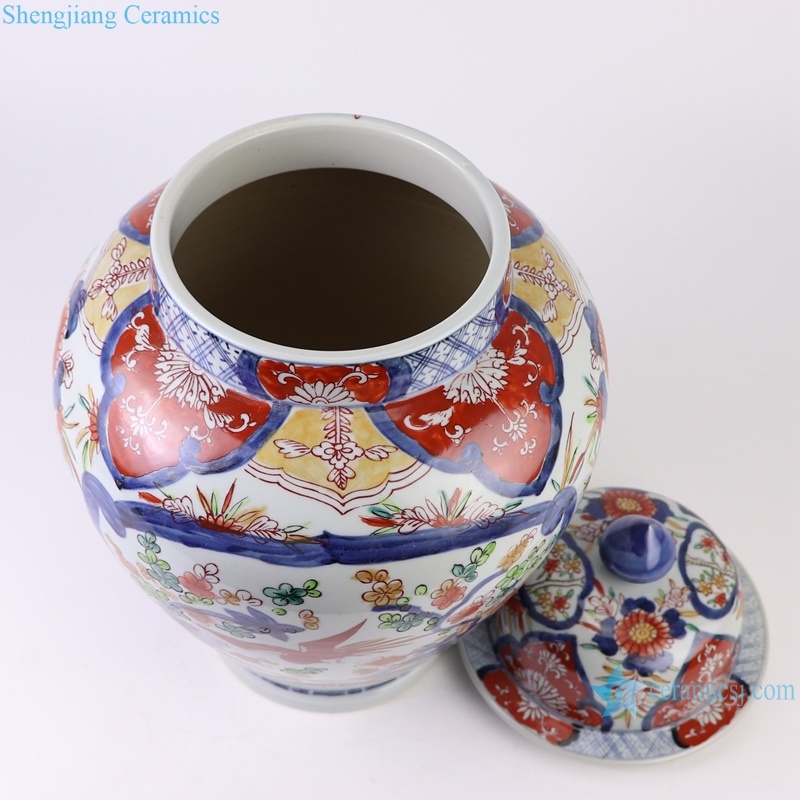 RZQF10 Jingdezhen hand painted imari style doucai alum red windowed flower bird ginger jar