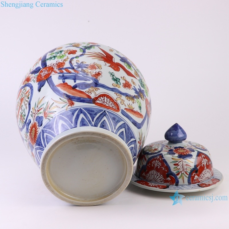 RZQF10 Jingdezhen hand painted Blue and white doucai alum red windowed flower bird general jar