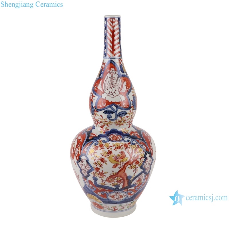 RZQF13 Chinese hand painted colorful flower and bird beaked gourd shape ceramic vase