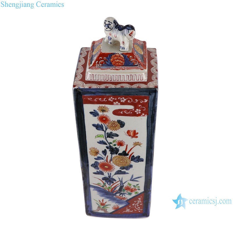 RZQF14 Jingdezhen hand painted doucai red and blue flower and bird pattern square ceramic ginger jar