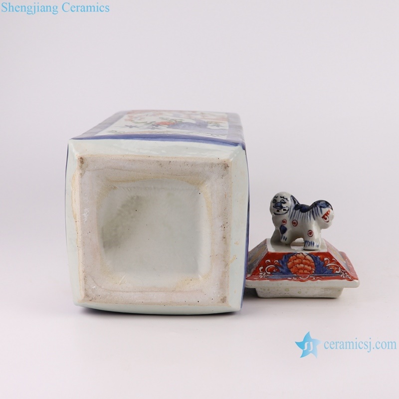 RZQF14 Jingdezhen hand painted doucai red and blue flower and bird pattern square ceramic ginger jar