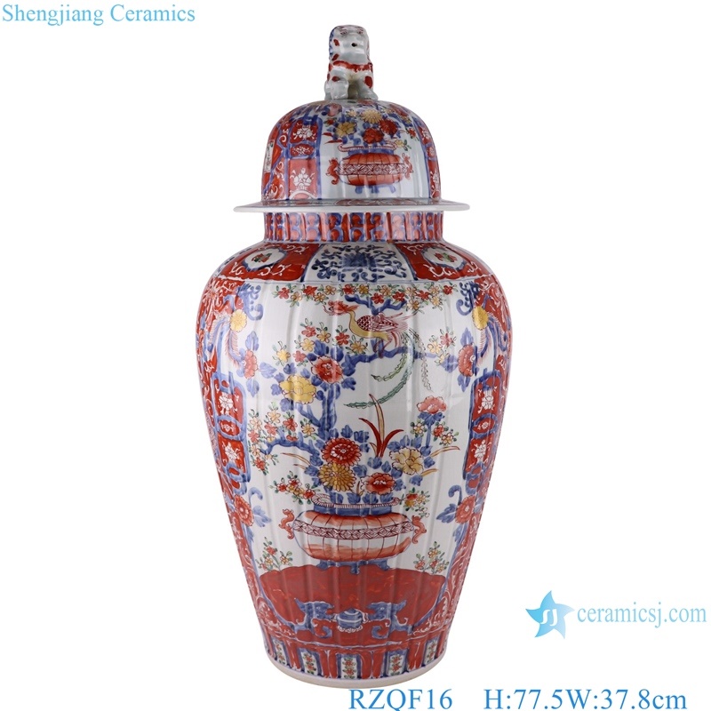 RZQF16 Jingdezhen hand painted doucai red and blue phoenix flower bird pattern big size ceramic ginger jar