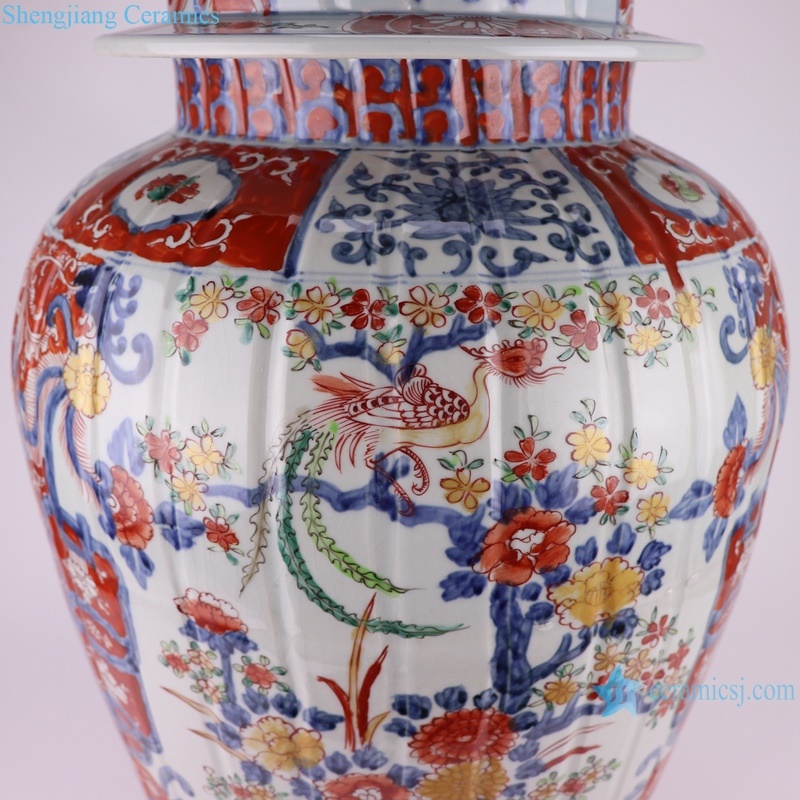 RZQF16 Jingdezhen hand painted doucai red and blue phoenix flower bird pattern big size ceramic ginger jar imari style
