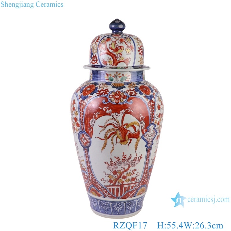 RZQF17 Jingdezhen hand painted doucai red and blue phoenix flower bird pattern big size ceramic ginger jar