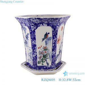 RZQM05 Blue and white porcelain Colorful plum flower and bird pattern ceramic flower planter