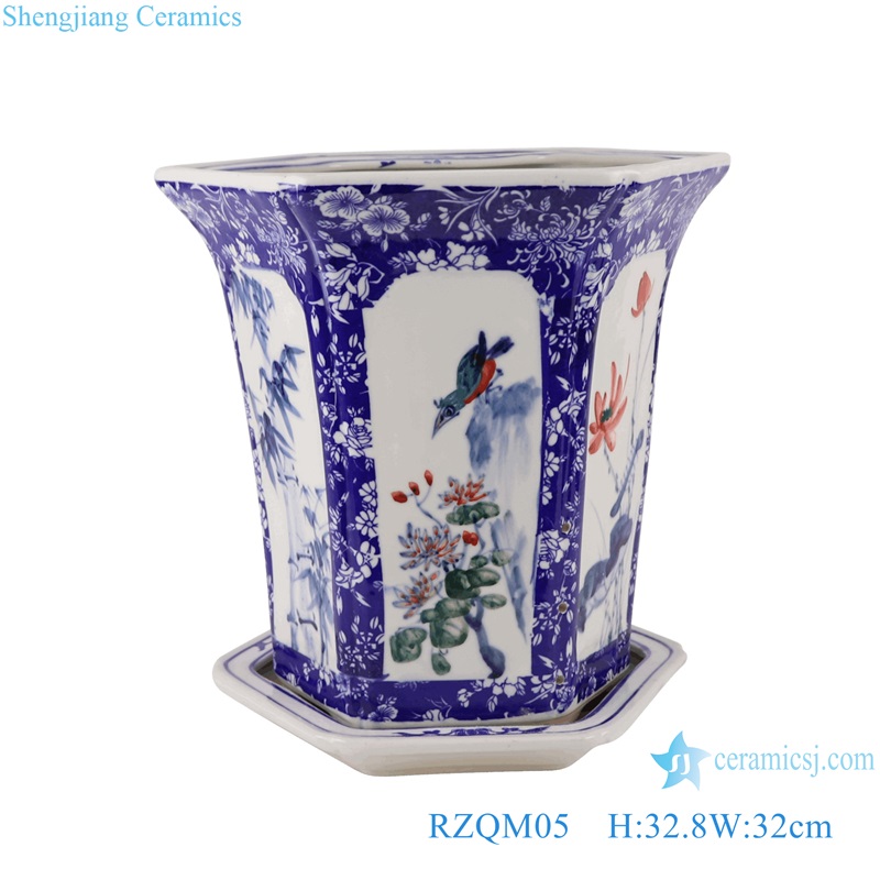 Blue and white porcelain Colorful plum flower and bird pattern ceramic flower planter