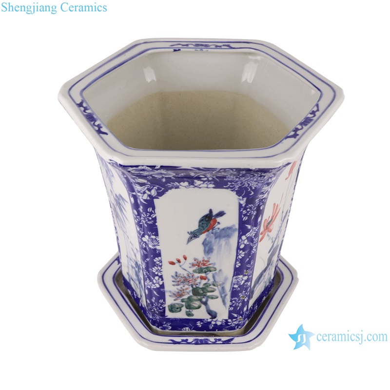 RZQM05 Blue and white porcelain Colorful plum flower and bird pattern ceramic flower planter