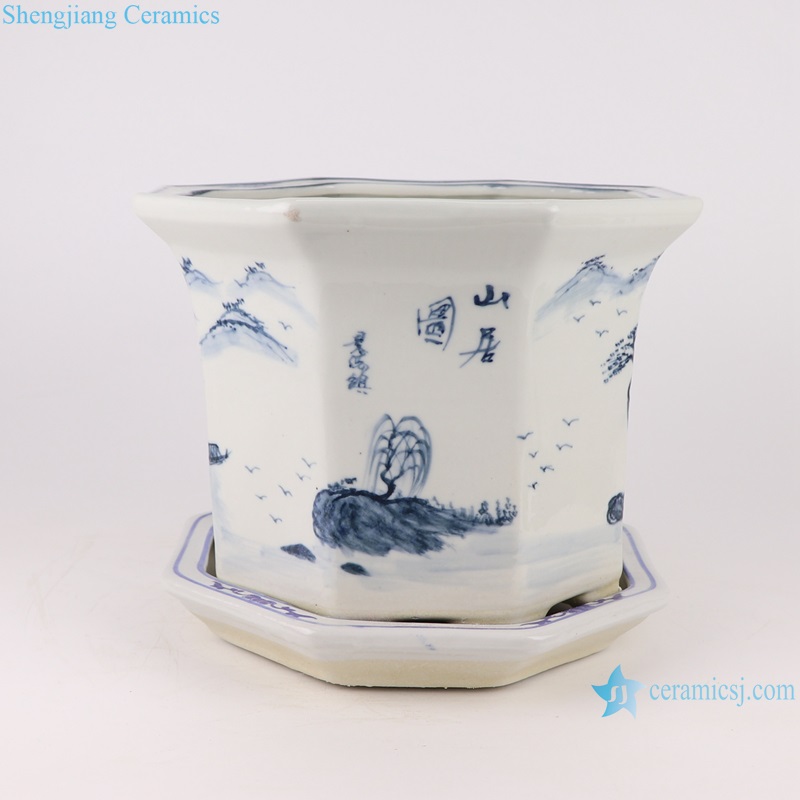 RZQM06 Jingdezhen Blue and white Landscape Pattern octagonal shape ceramic Planter
