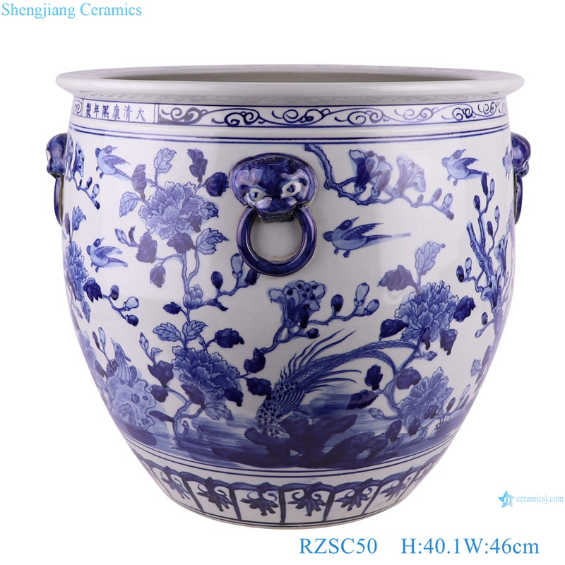 Blue and White Jingdezhen Porcelain Bird and Flower Pattern with Lion ring Ceramic Big Pot Vat
