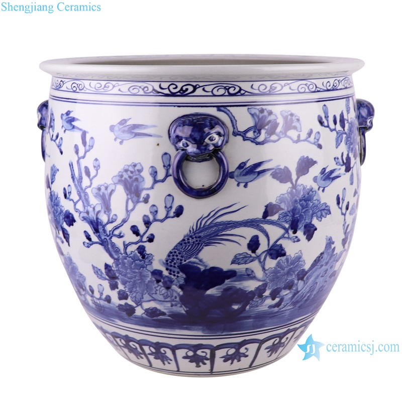 RZSC50 Blue and White Jingdezhen Porcelain Bird and Flower Pattern with Lion ring Ceramic Big Pot Vat