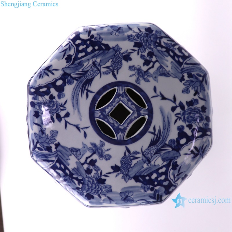 RZSI38-A-8S Blue and white Jingdezhen Porcelain Flower and Bird Pattern Octagon shape porcelain stools cool pier