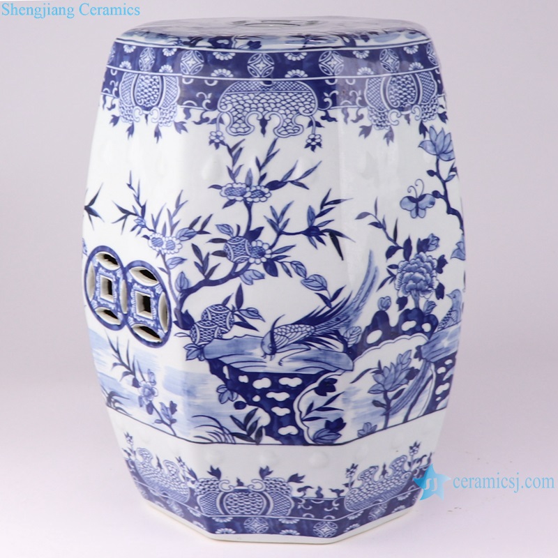 RZSI38-A-8S Blue and white Jingdezhen Porcelain Flower and Bird Pattern Octagon shape porcelain stools cool pier