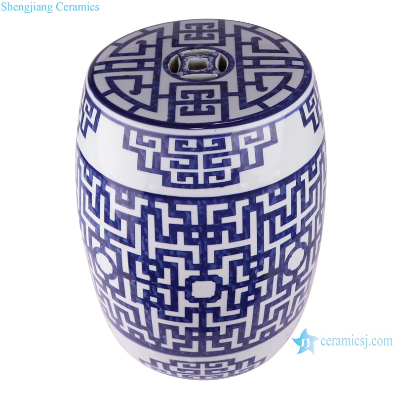 RZSI39-C Blue and white Porcelain Window Pattern copper Cion hole Striped Line ceramic Drum stools sumemr cool Seat