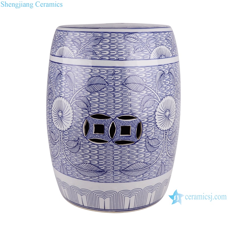 RZSI39-E Blue and white Porcelain Sunflower Butterfly pattern Home Garden Drum stool