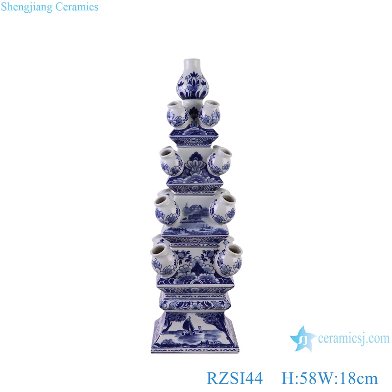 Blue and White Porcelain Mid Century Home Decor Pagoda Flower Vase Form Tulipieres 