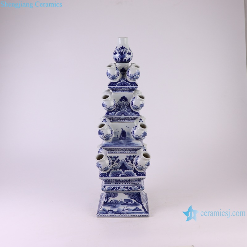 RZSI44 Blue and White Porcelain Mid Century Home Decor Pagoda Flower Vase Form Tulipieres