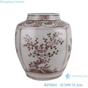 RZSX62 Porcelain Round shape Underglaze red Color Pine bamboo plum flower Ceramic Pot Jars