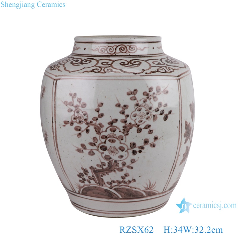 Porcelain Round shape Underglaze red Color Pine bamboo plum flower Ceramic Pot Jars